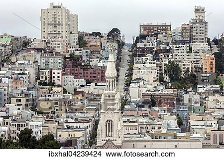View of Filbert Street and Russian Hill houses from Telegraph Hill, Saints Peter and Paul Church in front, California, United States, North America View Large Photo Image Picture - View of Filbert Street and Russian Hill houses from Telegraph Hill, Saints Peter and Paul Church in front, California, United States, North America. Fotosearch