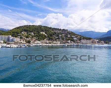View of Port de Soller marina, Soller, Mallorca, Balearic Islands, Spain, Europe View Large Photo Image Picture - View of Port de Soller marina, Soller, Mallorca, Balearic Islands, Spain, Europe. Fotosearch