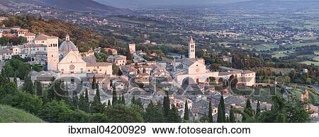 Stock Photo - View over city, Cathedral of San Rufino and Church of Santa Chiara, Assisi, Province of Perugia, Umbria, Italy, Europe. Fotosearch