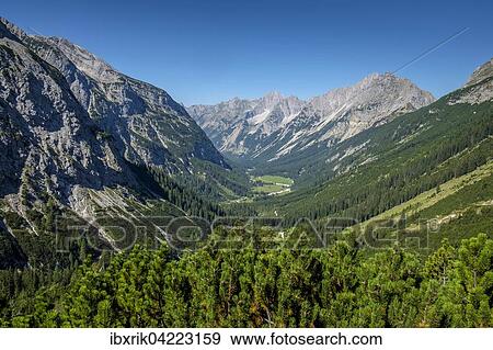 Stock Photo - View to the Karwendeltal valley with Karwendelspitze and Hochkarspitze, Tyrol, Austria, Europe. Fotosearch