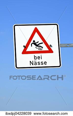 Warning sign, risk of slipping in wet conditions, in German, Germany, Europe View Large Photo Image Stock Photo - Warning sign, risk of slipping in wet conditions, in German, Germany, Europe. Fotosearch