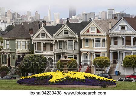 Wooden houses, Victorian houses, also Painted or Beautiful Ladies, Alamo Square, behind Downtown San Francisco skyscrapers, Financial District, San Francisco, California, USA, North America View Large Photo Image Stock Photo - Wooden houses, Victorian houses, also Painted or Beautiful Ladies, Alamo Square, behind Downtown San Francisco skyscrapers, Financial District, San Francisco, California, USA, North America. Fotosearch