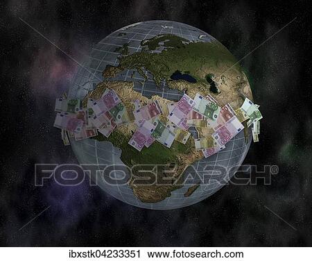 Stock Image - World globe and euro notes. Fotosearch