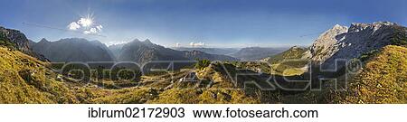 Stock Image - 360 ° panoramic view, Wetterstein mountain range, Garmisch-Partenkirchen, Bavaria, Germany, Europe. Fotosearch