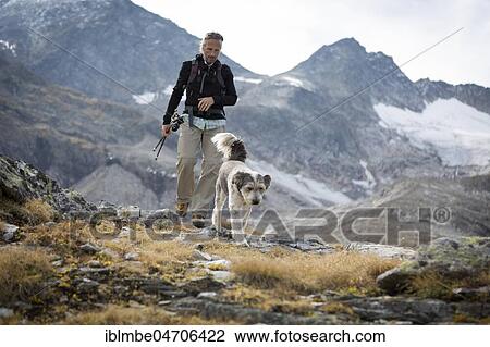 Stock Image - A hiker and his dog in the Hohe Tauern National Park, Kolm Saigurn, Rauris, Salzburger Land, Austria, Europe. Fotosearch