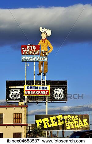 Advertising sign for Restaurant, Big Texan Steakhouse, Route 66, Amarillo, Texas, USA, North America View Large Photo Image Stock Photo - Advertising sign for Restaurant, Big Texan Steakhouse, Route 66, Amarillo, Texas, USA, North America. Fotosearch