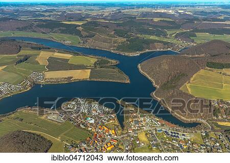 Stock Image - Aerial view, Heringhausen with reservoir Diemelsee, Diemeltalsperre, Upland, North Hesse, Hesse, Germany, Europe. Fotosearch