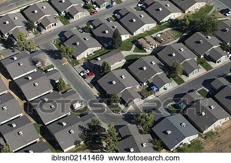 Stock Photo - Aerial view of single-family suburban homes, Fresno, California, USA, North America. Fotosearch