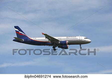 Picture - Aeroflot Airbus A320 passenger aircraft, on landing approach to Franz Josef Strauss Airport, Munich, Upper Bavaria, Germany, Europe. Fotosearch