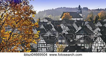 Picture - Alter Flecken, historic old town with half-timbered houses in autumn, Freudenberg, Siegerland, North Rhine-Westphalia, Germany, Europe. Fotosearch