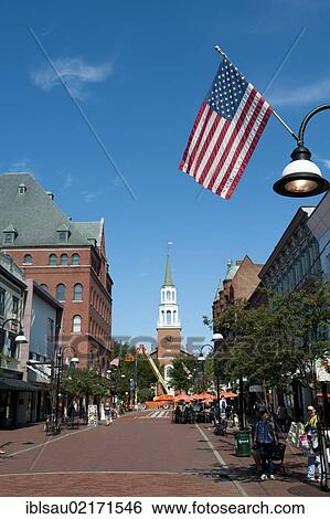 American flag, Unitarian Church at the end of Church Street, pedestrianised zone, Burlington, Vermont, New England, USA, North America, America, North America View Large Photo Image Stock Photograph - American flag, Unitarian Church at the end of Church Street, pedestrianised zone, Burlington, Vermont, New England, USA, North America, America, North America. Fotosearch