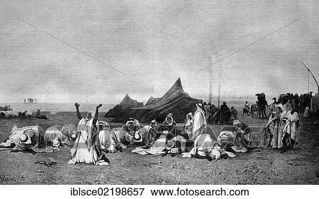 Stock Photo - Arabs during evening prayer in the desert, historic wood engraving, about 1897. Fotosearch