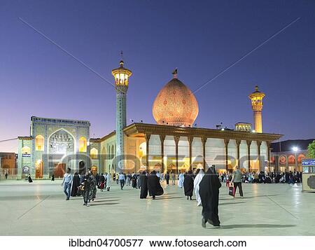 Aramgah-e Shah-e Cheragh complex at dusk, pilgrimage place and mausoleum, Shiraz, Iran, Asia View Large Photo Image Stock Photo - Aramgah-e Shah-e Cheragh complex at dusk, pilgrimage place and mausoleum, Shiraz, Iran, Asia. Fotosearch