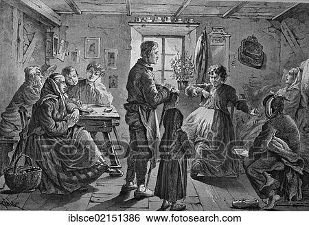 Stock Photograph - At Dorfsibylle's home, historical engraving, 1869. Fotosearch
