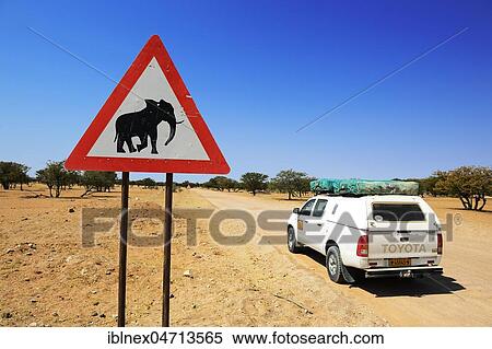 Stock Photography - Attention elephant sign, Twyfelfontein, Damaraland, Namibia, Africa. Fotosearch