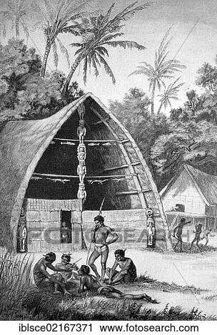 Stock Image - Bachelor house on Bilibili, Sulawesi, Indonesia, historical engraving, 1880, Asia. Fotosearch
