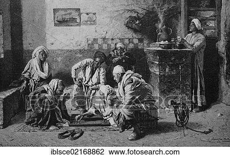 Stock Image - Backgammon players in an Egyptian cafe, historical engraving, 1883. Fotosearch
