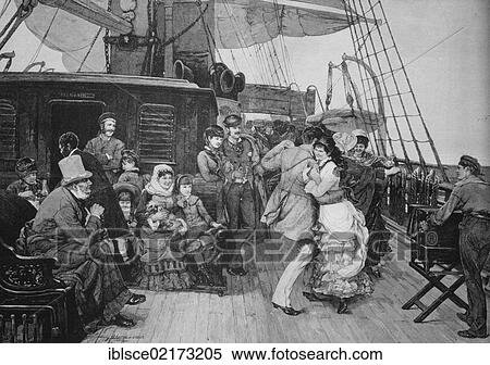 Stock Photography - Ball on board a sailing ship, historical engraving, circa 1885. Fotosearch