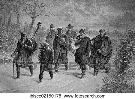 Band of musicians in the snow, historical woodcut, circa 1870 View Large Photo Image Stock Photo - Band of musicians in the snow, historical woodcut, circa 1870. Fotosearch