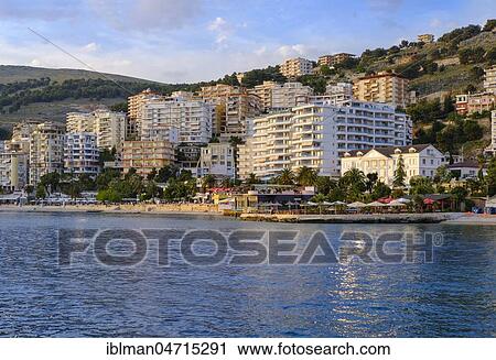 Beach and Beach Promenade, Saranda, Sarandë, Qark Vlora, Ionian Sea, Albania, Europe View Large Photo Image Stock Image - Beach and Beach Promenade, Saranda, Sarandë, Qark Vlora, Ionian Sea, Albania, Europe. Fotosearch
