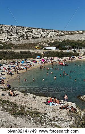 Stock Photo - Beach, Calanques de Saint Esteve, Ile Ratonneu, Frioul Archipelago, Marseille or Marseilles, Provence-Alpes-Cote d'Azur, France, Europe. Fotosearch