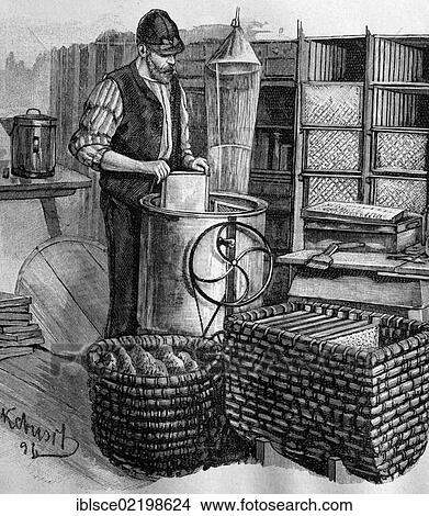 Picture - Beekeepers at work, honey extractor, historic wood engraving, about 1897. Fotosearch