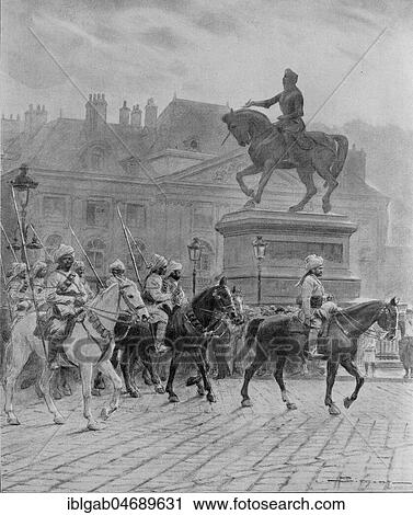 Stock Image - Bengal lancers parading in front of Jeanne d'Arc statue in Orleans, France, Europe. Fotosearch