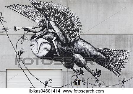Bird riding fantasy figure, Mural by British street artist Phlegm, The Crystal Ship Festival 2017, Ostend, West Flanders, Belgium, Europe View Large Photo Image Picture - Bird riding fantasy figure, Mural by British street artist Phlegm, The Crystal Ship Festival 2017, Ostend, West Flanders, Belgium, Europe. Fotosearch