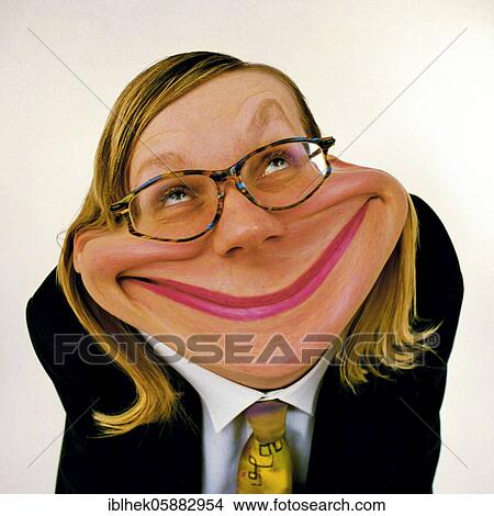 Picture - Blonde woman in suit, grimace, photo caricature, portrait, Berlin, Germany, Europe. Fotosearch