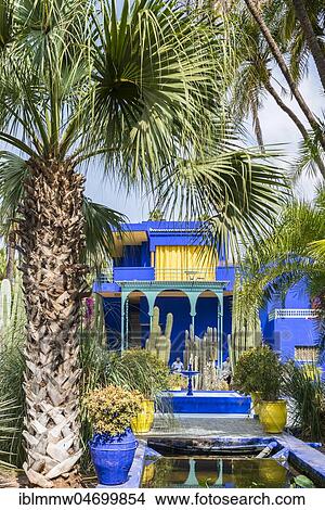 Picture - Blue House in the Jardin Majorelle Botanical Garden, Moorish architecture, former owners Yves Saint-Laurent and Pierre Bergé, Marrakech, Morocco, Africa. Fotosearch