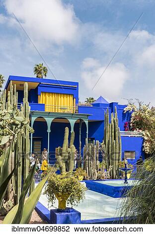 Stock Image - Blue House in the Jardin Majorelle Botanical Garden, Moorish architecture, former owners Yves Saint-Laurent and Pierre Bergé, Marrakech, Morocco, Africa. Fotosearch