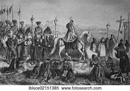Stock Photography - Blutritt in Weingarten, riders' procession, Baden-Wuerttemberg, Germany, historical engraving, 1869, Europe. Fotosearch
