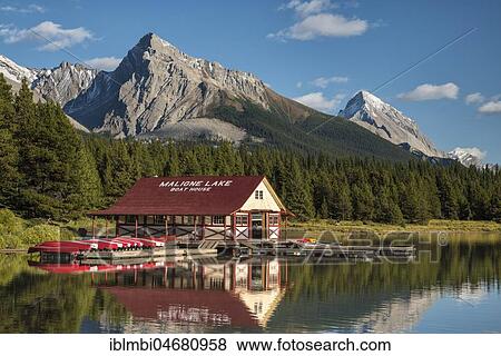 Boathouse with canoes on the shores of Maligne Lake, Jasper National Park, Rocky Mountains, Alberta, Canada, North America View Large Photo Image Stock Photo - Boathouse with canoes on the shores of Maligne Lake, Jasper National Park, Rocky Mountains, Alberta, Canada, North America. Fotosearch