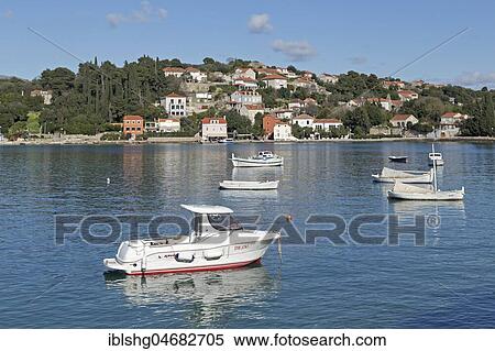 Boats, coastal town Donje Celo, Kolocep Island, Elaphite Islands, Dalmatia, Croatia, Europe View Large Photo Image Stock Photography - Boats, coastal town Donje Celo, Kolocep Island, Elaphite Islands, Dalmatia, Croatia, Europe. Fotosearch
