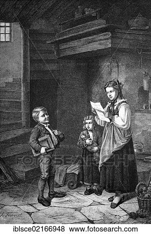 Boy presenting his report card to his mother at home, historical wood engraving, 1886 View Large Photo Image Stock Photo - Boy presenting his report card to his mother at home, historical wood engraving, 1886. Fotosearch