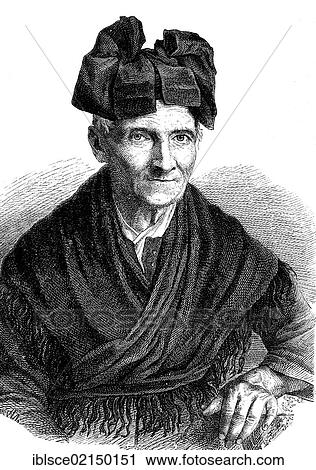 Stock Image - Breneli as an elderly woman, actually Veronica Rohre, 1779 - 1869, historical woodcut, circa 1870. Fotosearch