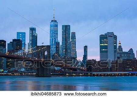 Brooklyn Bridge with skyline from Manhattan during blue hour, Brooklyn, New York City, New York, USA, North America View Large Photo Image Stock Image - Brooklyn Bridge with skyline from Manhattan during blue hour, Brooklyn, New York City, New York, USA, North America. Fotosearch