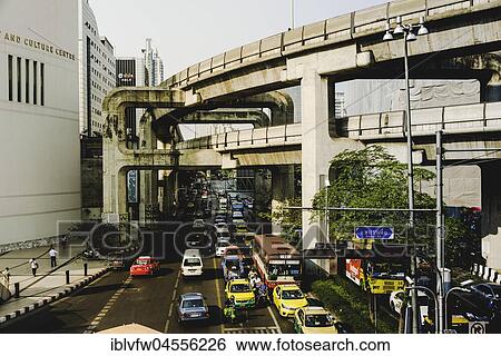 BTS Skytrain Trasse mit verkehrsreicher Straße, Stau, Bangkok, Thailand, Asia View Large Photo Image Stock Photograph - BTS Skytrain Trasse mit verkehrsreicher Straße, Stau, Bangkok, Thailand, Asia. Fotosearch
