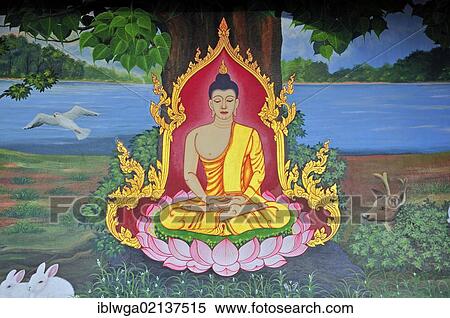 Buddhist wall painting, meditating Buddha, Wat Sri Kun Muang Temple, Nong Khai, Thailand, Asia, PublicGround, Asia View Large Photo Image Stock Photography - Buddhist wall painting, meditating Buddha, Wat Sri Kun Muang Temple, Nong Khai, Thailand, Asia, PublicGround, Asia. Fotosearch