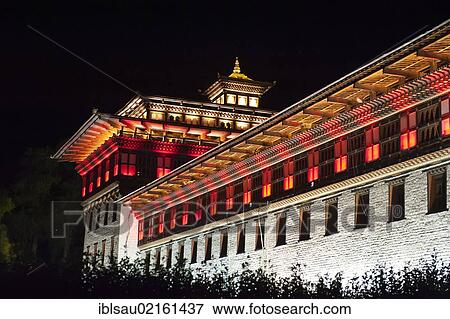 Building illuminated with coloured lights at night, seat of the government, Tashichho Dzong, capital of Thimphu, the Himalayas, Kingdom of Bhutan, South Asia, Asia View Large Photo Image Stock Photo - Building illuminated with coloured lights at night, seat of the government, Tashichho Dzong, capital of Thimphu, the Himalayas, Kingdom of Bhutan, South Asia, Asia. Fotosearch