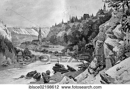 Stock Image - Burghausen, Bavaria, Germany, historic wood engraving, about 1897, Europe. Fotosearch