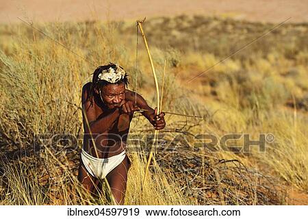 Stock Photo - Bushman of the San people hunting,! Xaus Lodge, Kalahari or Kglagadi Transfrontier Park, Northern Cape, South Africa, Africa. Fotosearch