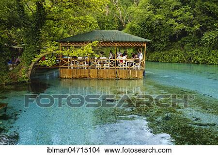 Picture - Café in Pavillion, Bistrica River, Blue Eye, Syri i Kalter Karst Spring, near Saranda, Qark Vlora, Albania, Europe. Fotosearch