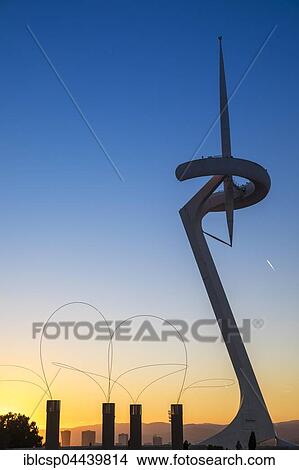Calatrava Tower in Olympic Park at dusk, Montjuic, Barcelona, Catalonia, Spain, Europe View Large Photo Image Picture - Calatrava Tower in Olympic Park at dusk, Montjuic, Barcelona, Catalonia, Spain, Europe. Fotosearch