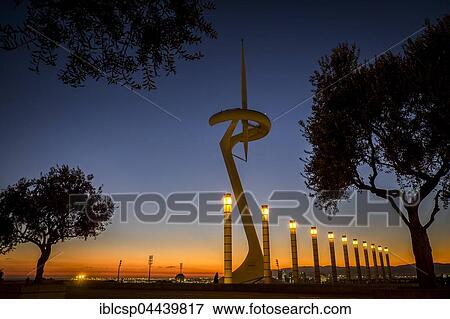Stock Photo - Calatrava Tower in Olympic Park at night, Montjuic, Barcelona, Catalonia, Spain, Europe. Fotosearch