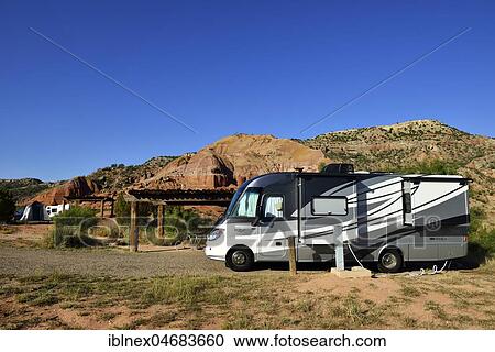 Stock Image - Campervan at Campsite, Palo Duro Canyon State Park, Texas, USA, North America. Fotosearch