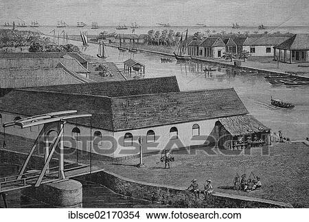 Canal and port of Batavia, now Jakarta, Indonesia, historical engraving, 1883, Asia View Large Photo Image Picture - Canal and port of Batavia, now Jakarta, Indonesia, historical engraving, 1883, Asia. Fotosearch