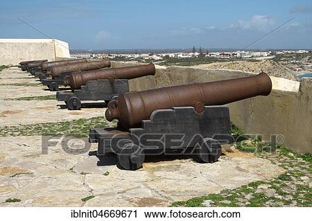 Stock Image - Cannons in Fortaleza de Sagres, Ponta de Sagres, Sagres, Algarve, Portugal, Europe. Fotosearch