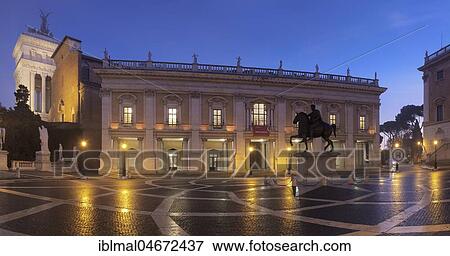Capitol Square with equestrian statue, Piazza del Campidoglio, Capitoline Museums in the back, dusk, Palazzo Nuovo, Rome, Lazio, Italy, Europe View Large Photo Image Stock Photo - Capitol Square with equestrian statue, Piazza del Campidoglio, Capitoline Museums in the back, dusk, Palazzo Nuovo, Rome, Lazio, Italy, Europe. Fotosearch