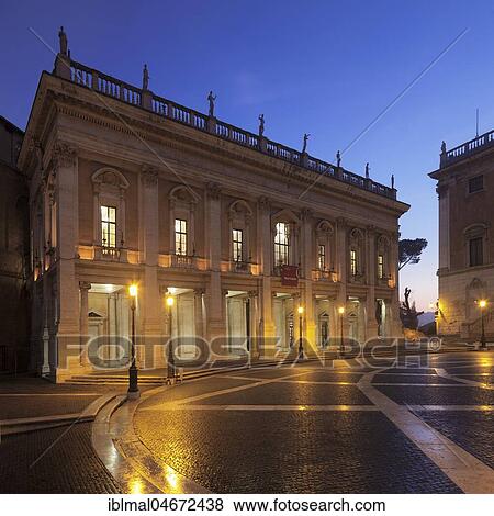 Stock Photo - Capitoline Museums on Capitol Square, Piazza del Campidoglio, dusk, Palazzo Nuovo, Rome, Lazio, Italy, Europe. Fotosearch